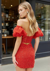 Elegant Nature Red Beaded Homecoming Dress with Sleeves Lace Allure - Red - PromDressClub